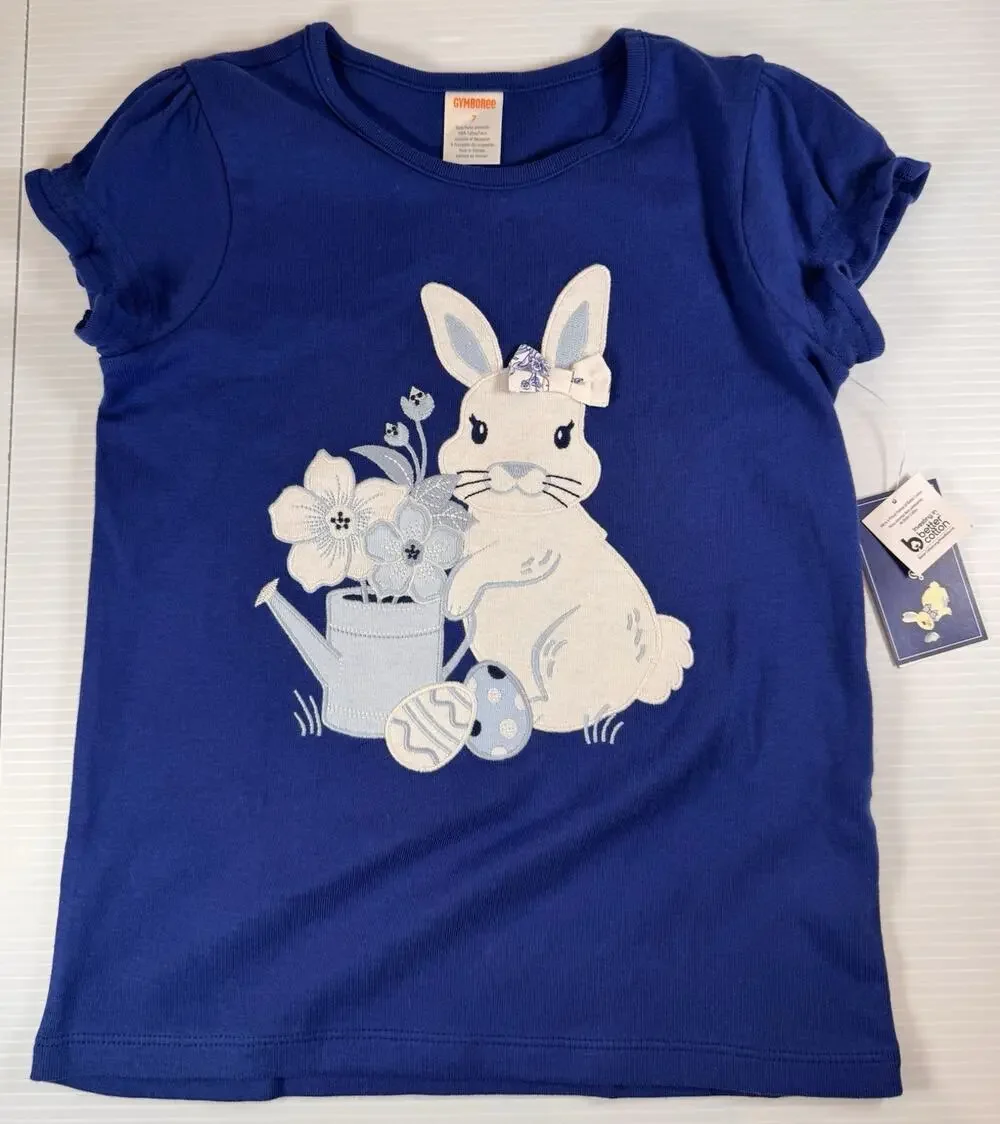 Gymboree Girls Size 7 Blue Easter Bunny Graphic Tee Sequin Bow Watering Can Egg